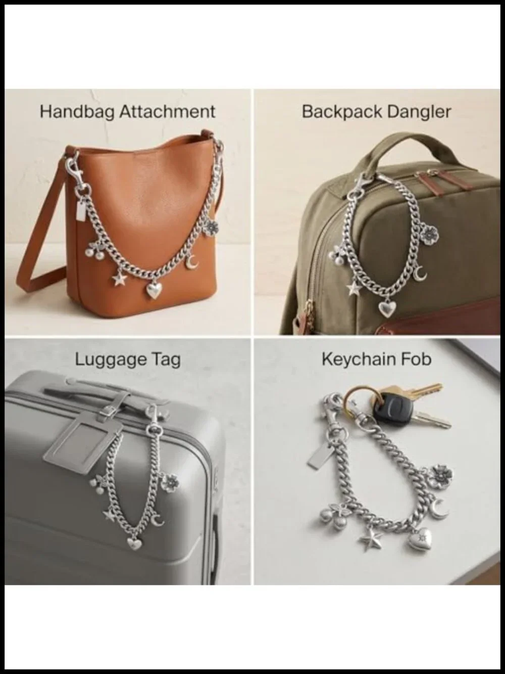 Vintage Silver Metal Purse Charm with Curb Chain, Bag Keychain Ornament for